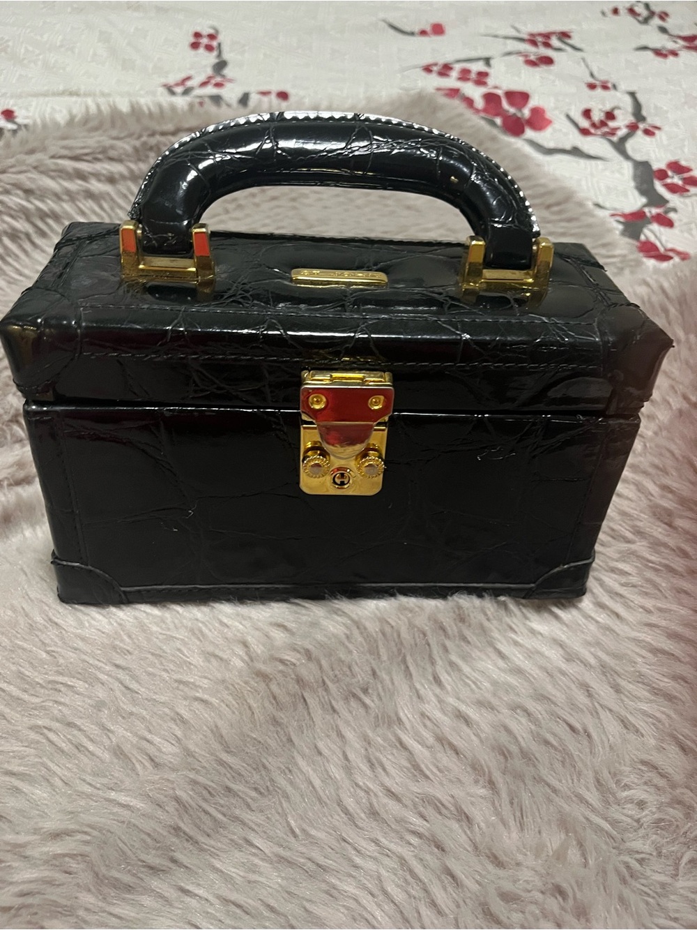 St. John Black Croc-Embossed Cosmetic Case with Gold Hardware